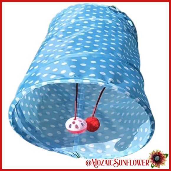 NWOT Adorable Nylon Blue White Polka Dot Foldable Tunnel With Attached Balls - Picture 2 of 4